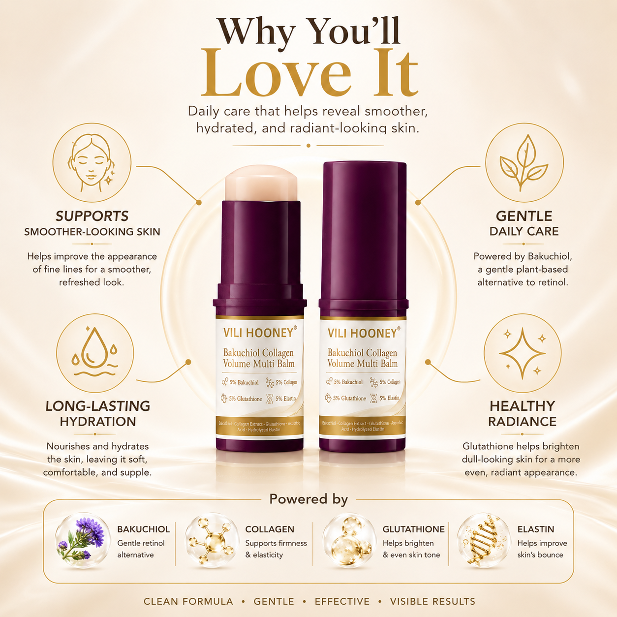 Vili Hooney Bakuchiol Collagen Multi Balm applied to skin for a radiant finish